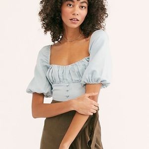 Free People Blue Puff Sleeve Top with Smocking